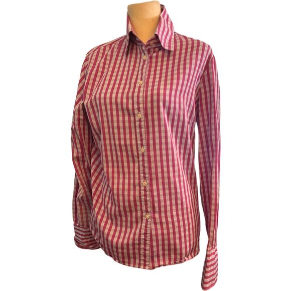 J. McLaughlin Striped Button Down Blouse, Pink Gingham, Women's Size 12 - Picture 1 of 5